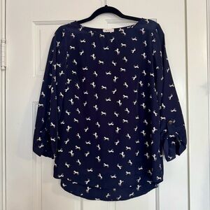 Everly Navy Blouse with White Horse Pattern